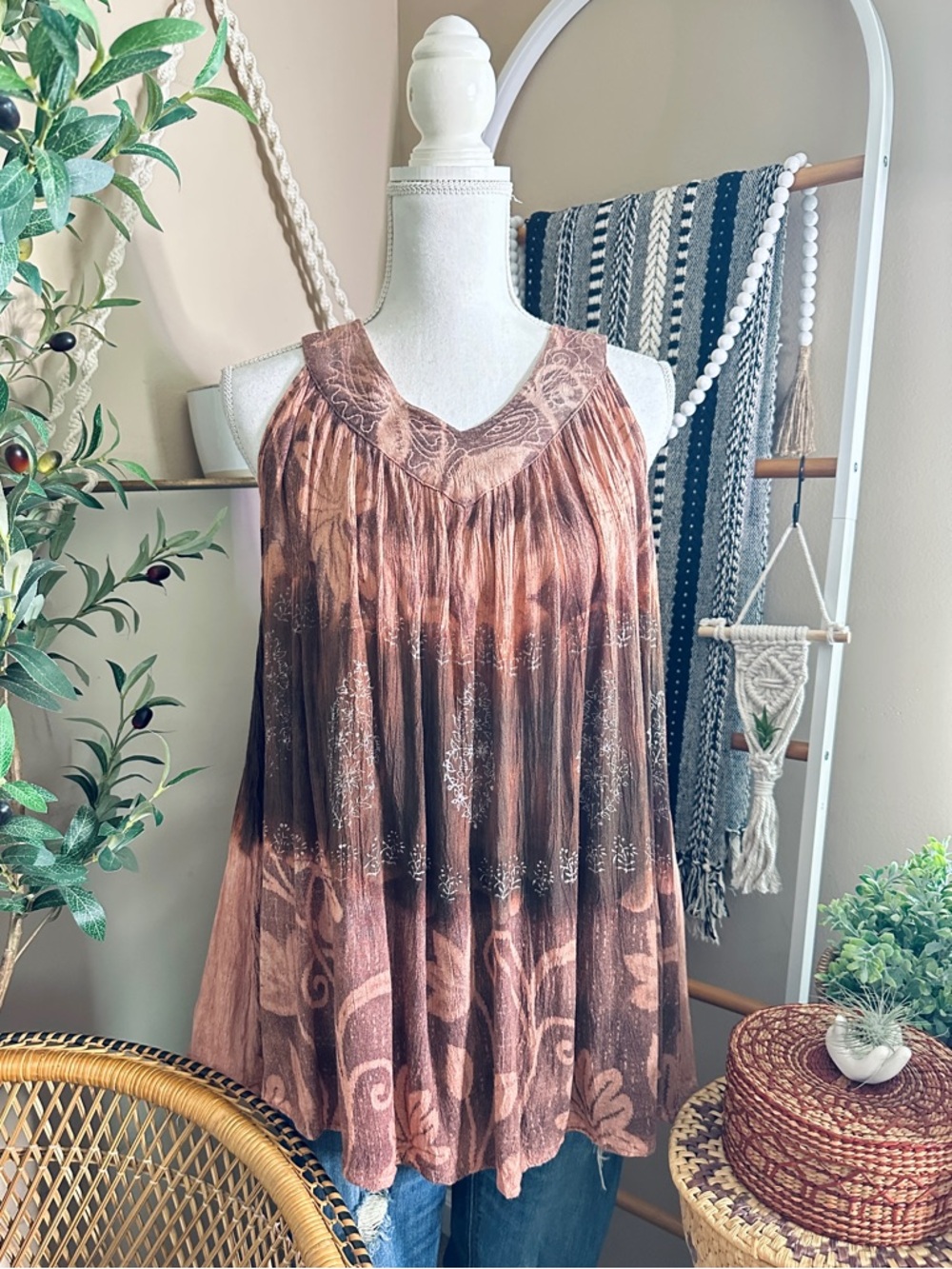 Boho Flowy Tunic Top Free Size Brown Tie Dye Floral Gauze Lightweight Festival